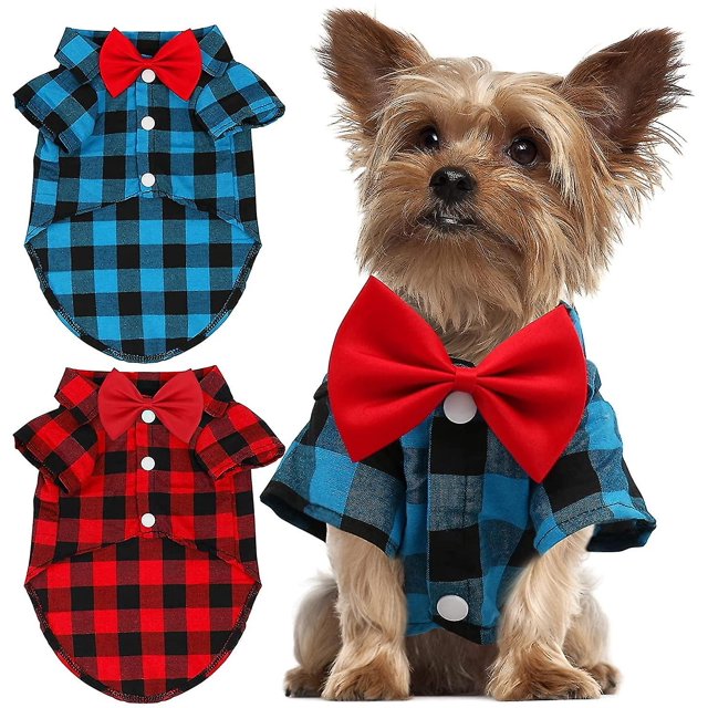 Paquete De 2 Camisas Para Cachorros A Cuadros,Ropa Linda Y Conjunto Combinado De Pajarita Para Perros,s