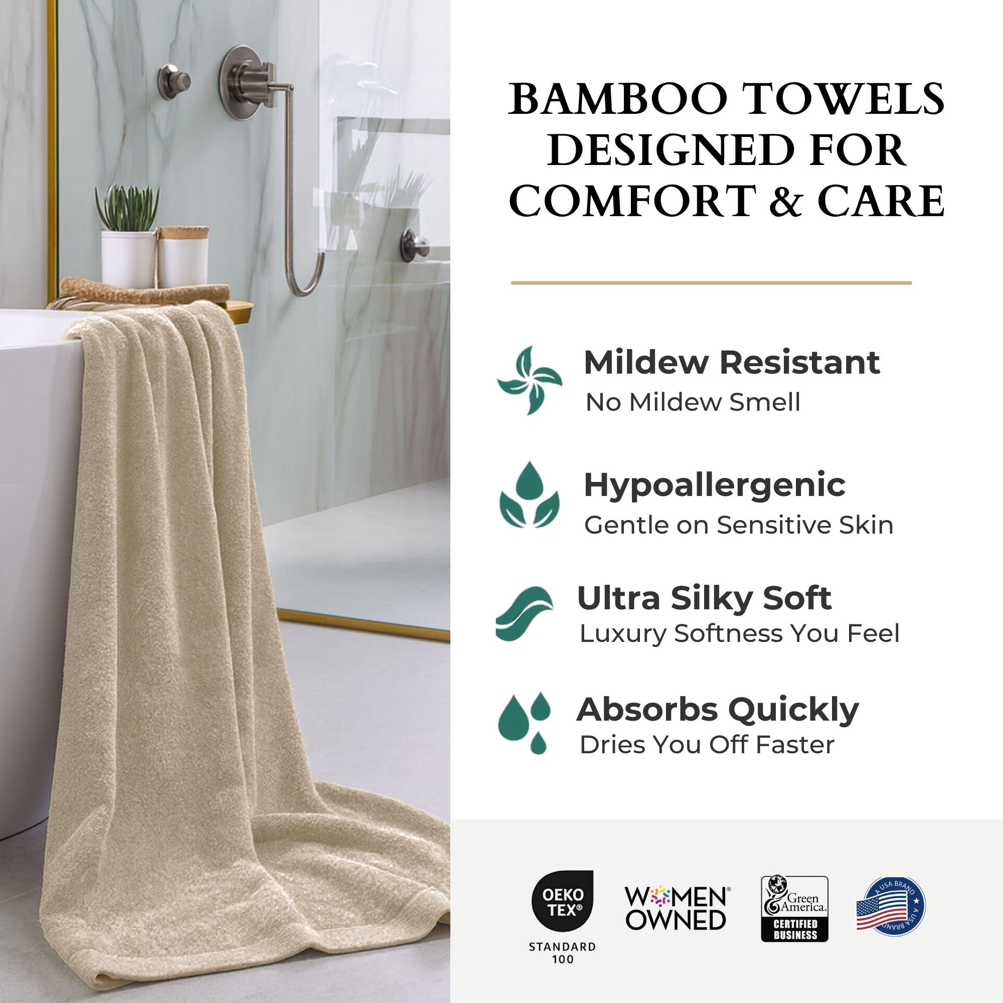 BedVoyage Bath Sheet & Hand Towel Set 3pc - Viscose from Bamboo + Cotton – 600 GSM - Absorbent & Odor Resistant - Sand