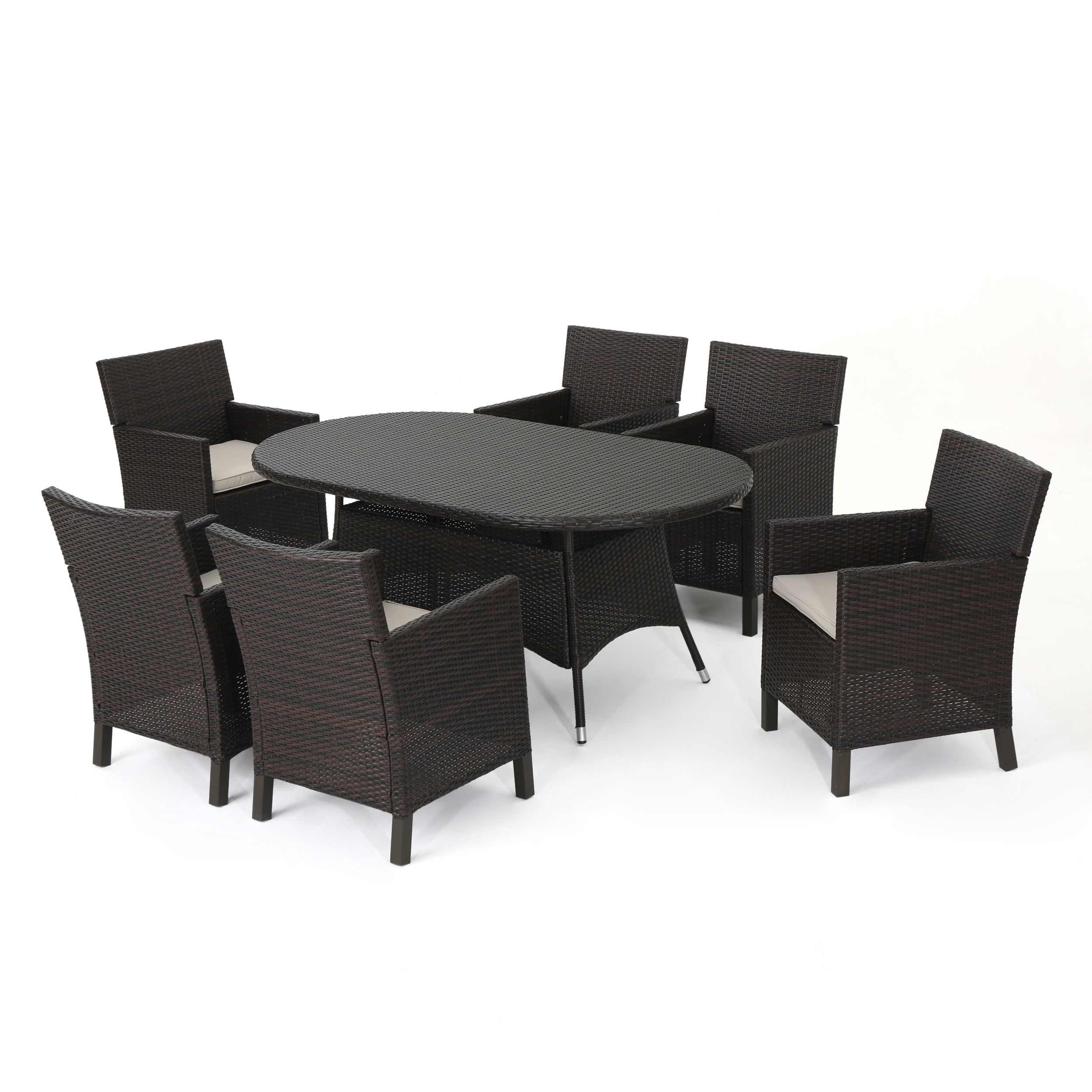 Clarance Outdoor 7 Piece Wicker Round Dining Set with Cushions, Multibrown, Light Brown