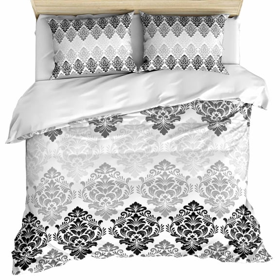 Black Grey Boho Flowers Bedding 3 Piece Duvet Cover Set California King, Modern Luxurious Geometric Floral Microfiber Comforter Cover with Zipper Closure & Pillowcases, FadeResistant Quilt Cover