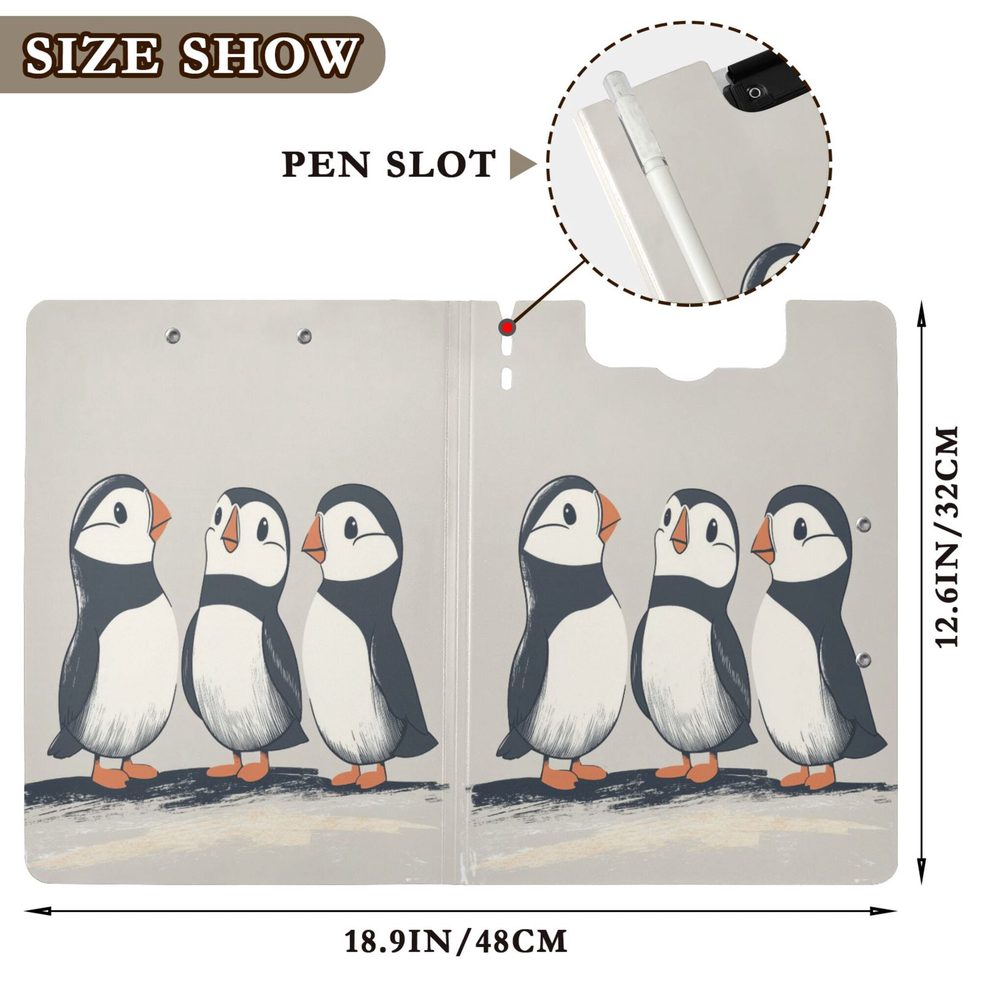 FORMRS A4 Clipboard Folder with Pen Holder Horizontal Foldable School Office Binder, Cute Puffin
