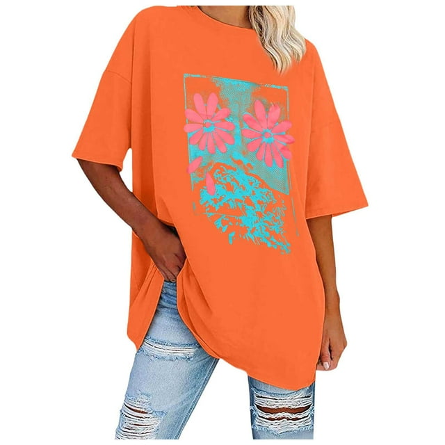 TSADFHJI Hauts Femmes Hiver Femmes Surdimensionné Ample Col Rond Manches Courtes T-Shirts Hauts d'Été Chemise Hauts Femmes Imprimé Décontracté Hauts Blouse TTTG Orange