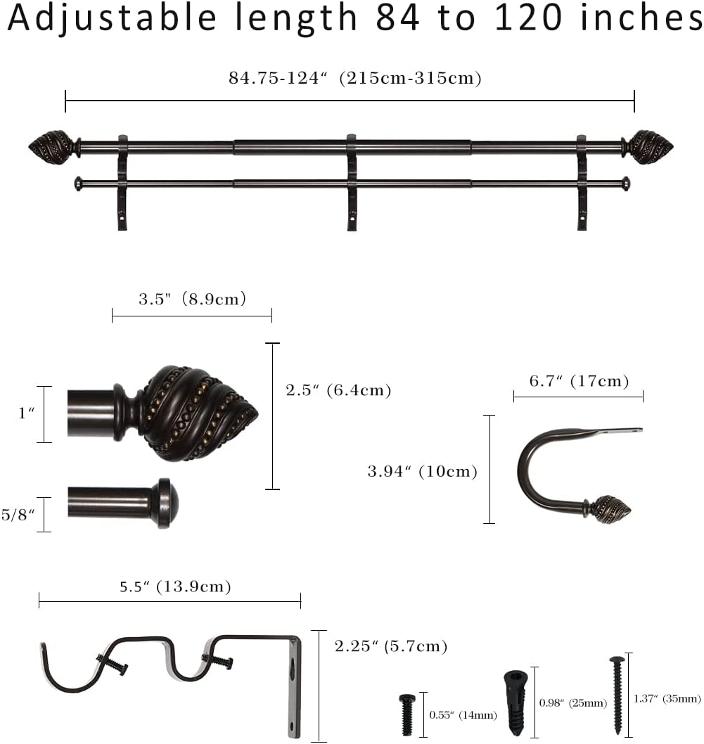 eTeckram 1" Double Curtain Rod with Valois Finials and holdbacks (84‘’-120‘’, Black gold)