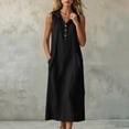 thumbnail image 5 of QUNYINEY A Line Womens Summer Casual Dresses Long Sleeveless Faux Cotton Linen Black Sundress with Pockets Loose Fit Hooded Button Dresses, 5 of 7