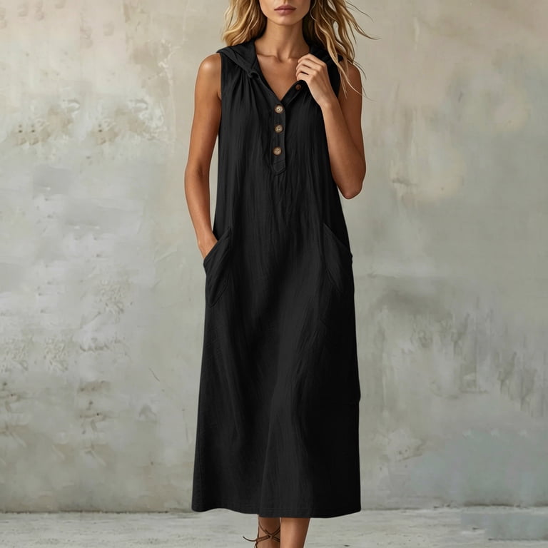 black linen midi dress sleeveless Button Down Sleeveless Split Hem Linen Midi Dress In Black, L