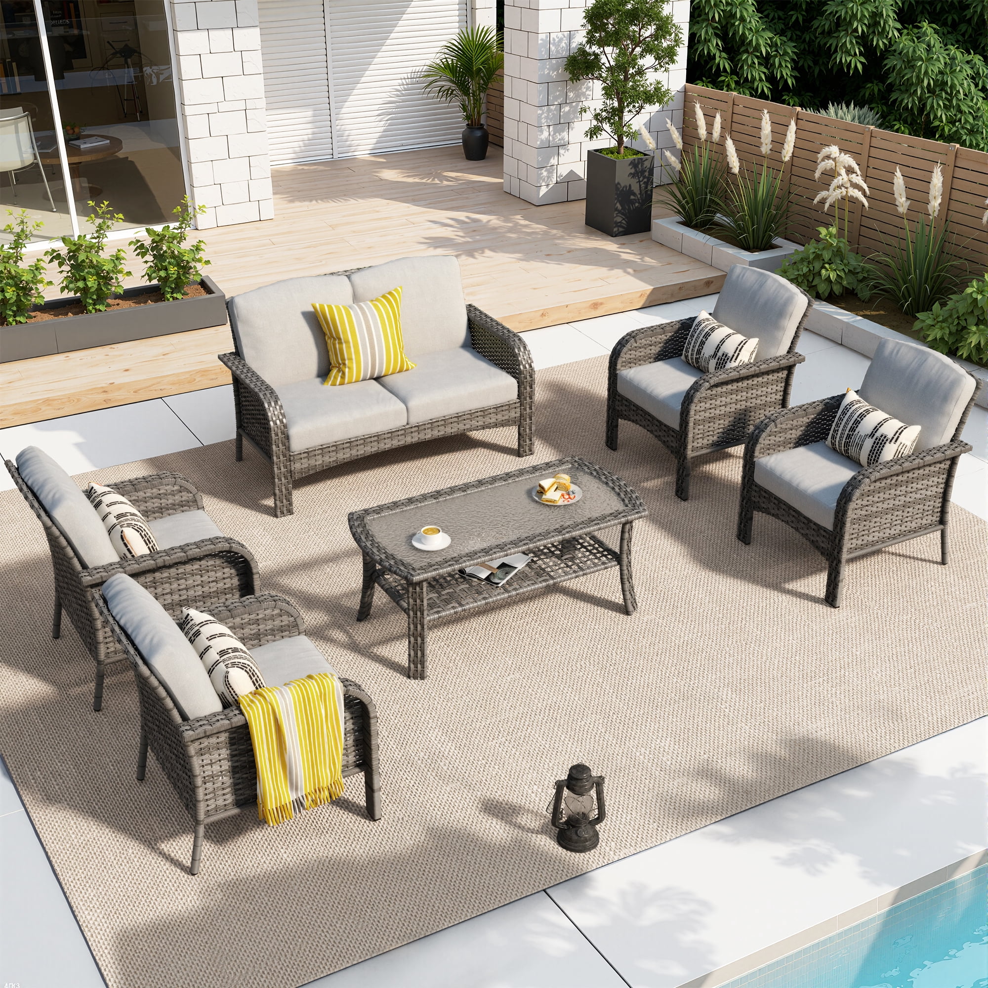 Toject 6 Pieces Patio Furniture Set, Wicker Outside Furniture with Loveseat Table Chairs Set for Porch, All-Weather High Back Outdoor Conversation Set for Backyard, Dark Gray