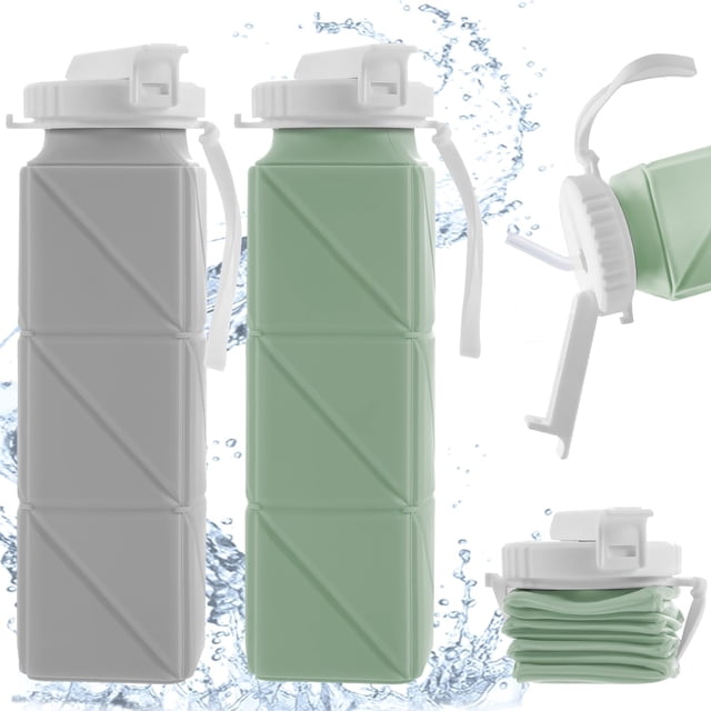 2 Pcs Botella de Agua Plegable, 620ML Botella Blandas Portátil de Silicona, con Pajita, sin PBA, Antifugas, Anticaídas, Facil de Transporter, para Viajes, Gimnasio, Correr, Acampar (Verde/Gris)