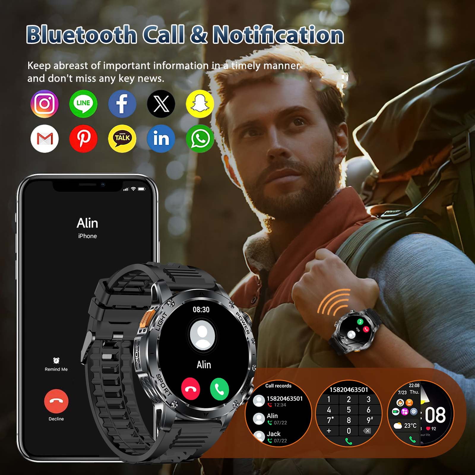 VOPOCO Smart Watches for Men (Answer/Make Calls) with LED Flashlight 1.7" HD, Outdoor Smartwatch with 100+ Sport Modes IP68 and Bluetooth Calling for iOS/Android Phones