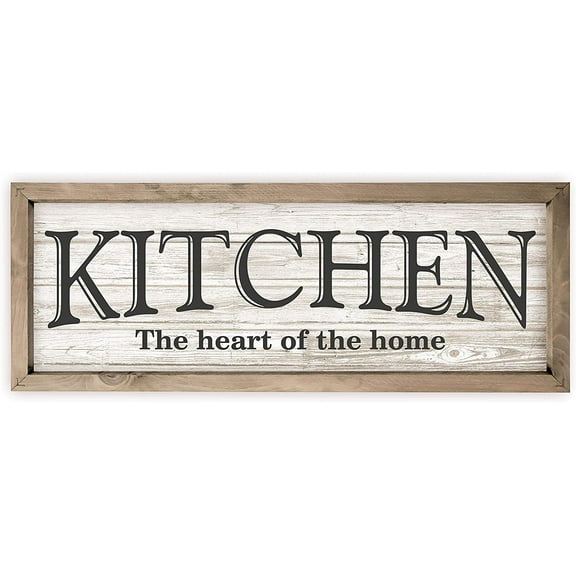 Kitchen The Heart Of The Home White Rustic Wood Wall Sign 12x36 (White with Frame)