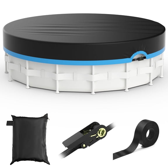 COSYUMI 12 Ft Round Pool Cover, 420D Oxford Solar Pool Cover for Above Ground Pools with Winch & Cable, All Season Inflatable Pool Cover for UV Resistant, Waterproof, Snowproof Windproof, Black Blue