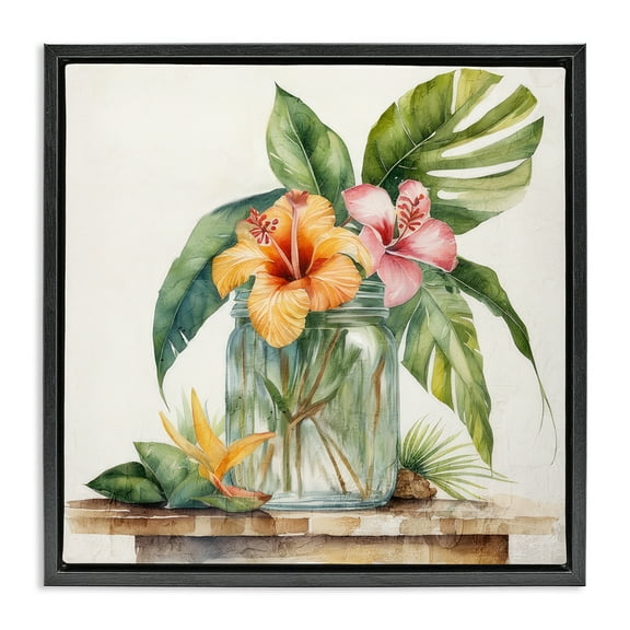Stupell Industries Tropical Floral Vase Plants & Flowers Painting Black Floater Framed Canvas Art Print Wall Art, 18 x 18