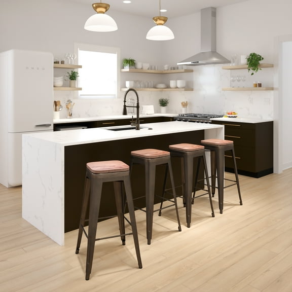 Emma Oliver 30" High Metal Indoor Bar Stool with Wood Seat in Gun Metal Gray - Stackable Set of 4