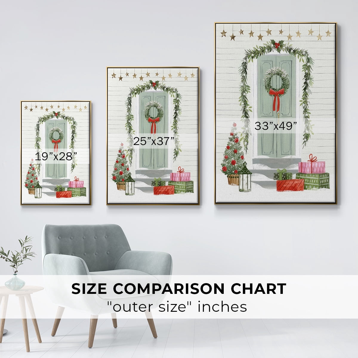 Festive Front Door I - Framed Gallery Wrapped Holiday Canvas - 25 x 37 - Gold Frame