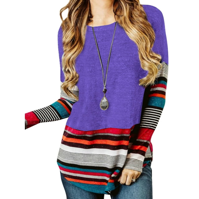 MAWCLOS Ladies Irregular Hem Color Block Pullover Loungewear Long Sleeve Tee Purple XXL