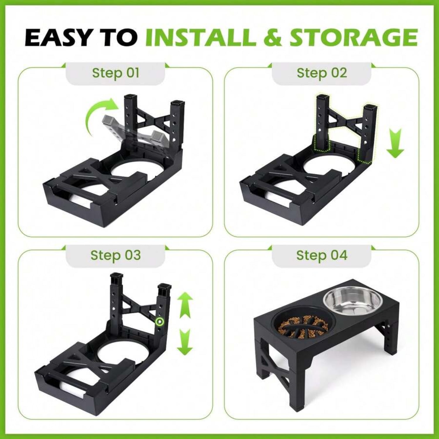 NTGFU Black Elevated Dog Bowls, 5 Adjustable Heights Raised Dog Bowl Stand with 2 Stainless Steel Dog Food Bowls and 1 Slow Feeder Dog Bowl for Small Medium Large Dogs