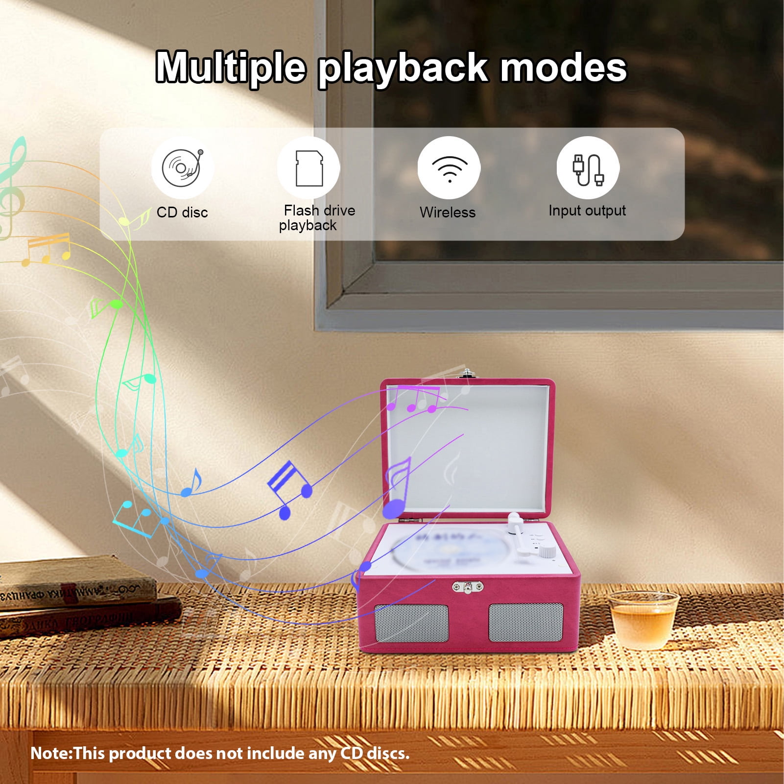 BT turntable CD Player, Dual Speakers HiFi Sound USB TF Portable , for Home, Office