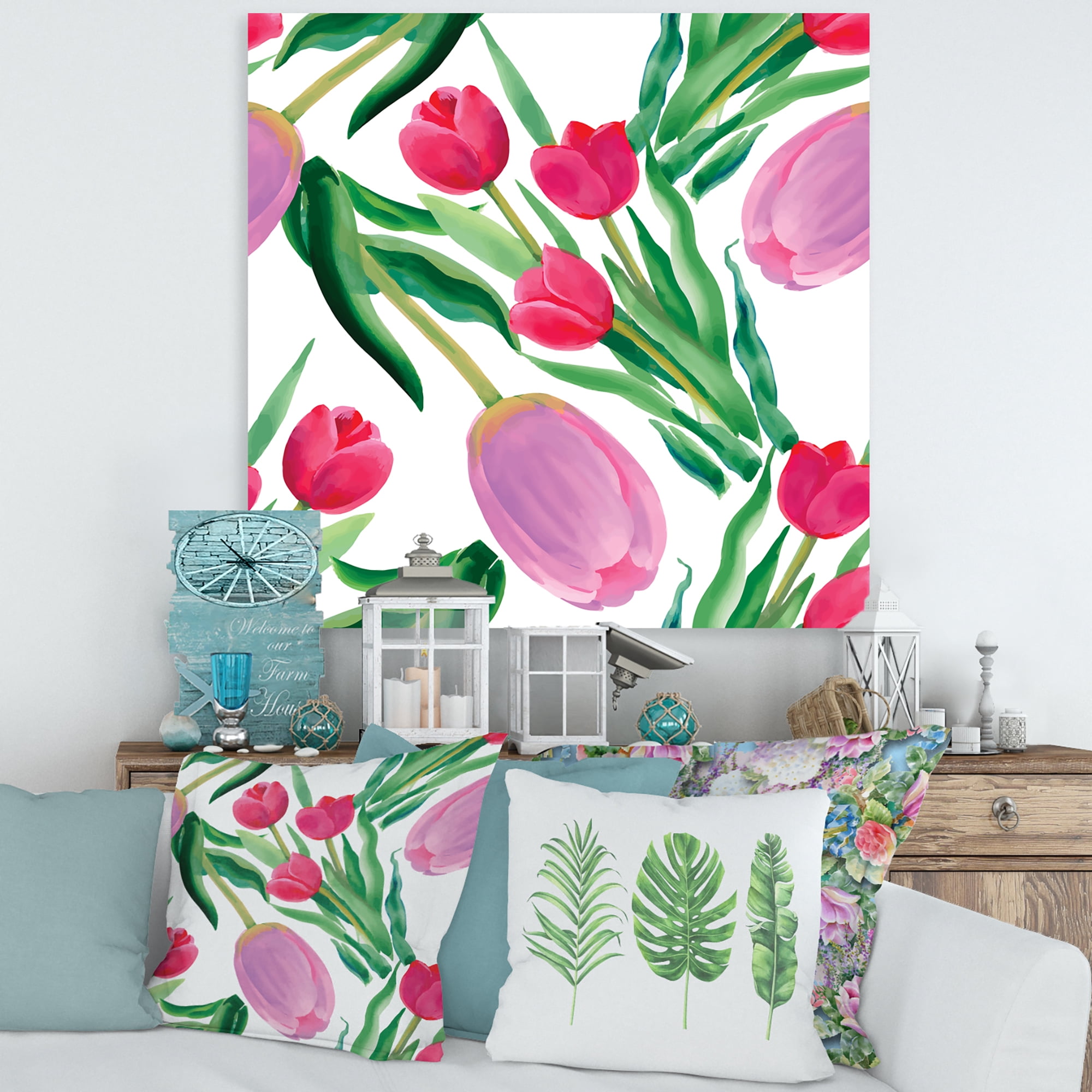 Designart ' Blooming Beautiful Pink Tulips Flowers On White ' Traditional Canvas Wall Art Print