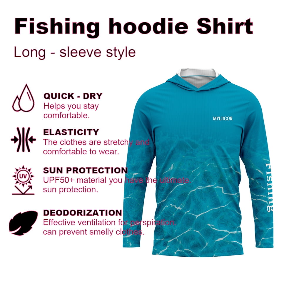 Myliigor Upf 50 Lightweight Sun Blocking Water Sports Fishing Shirts Fast Dry Youth Mens Long Sleeve Hooded t Shirt Teal Aquamarine S-3XL