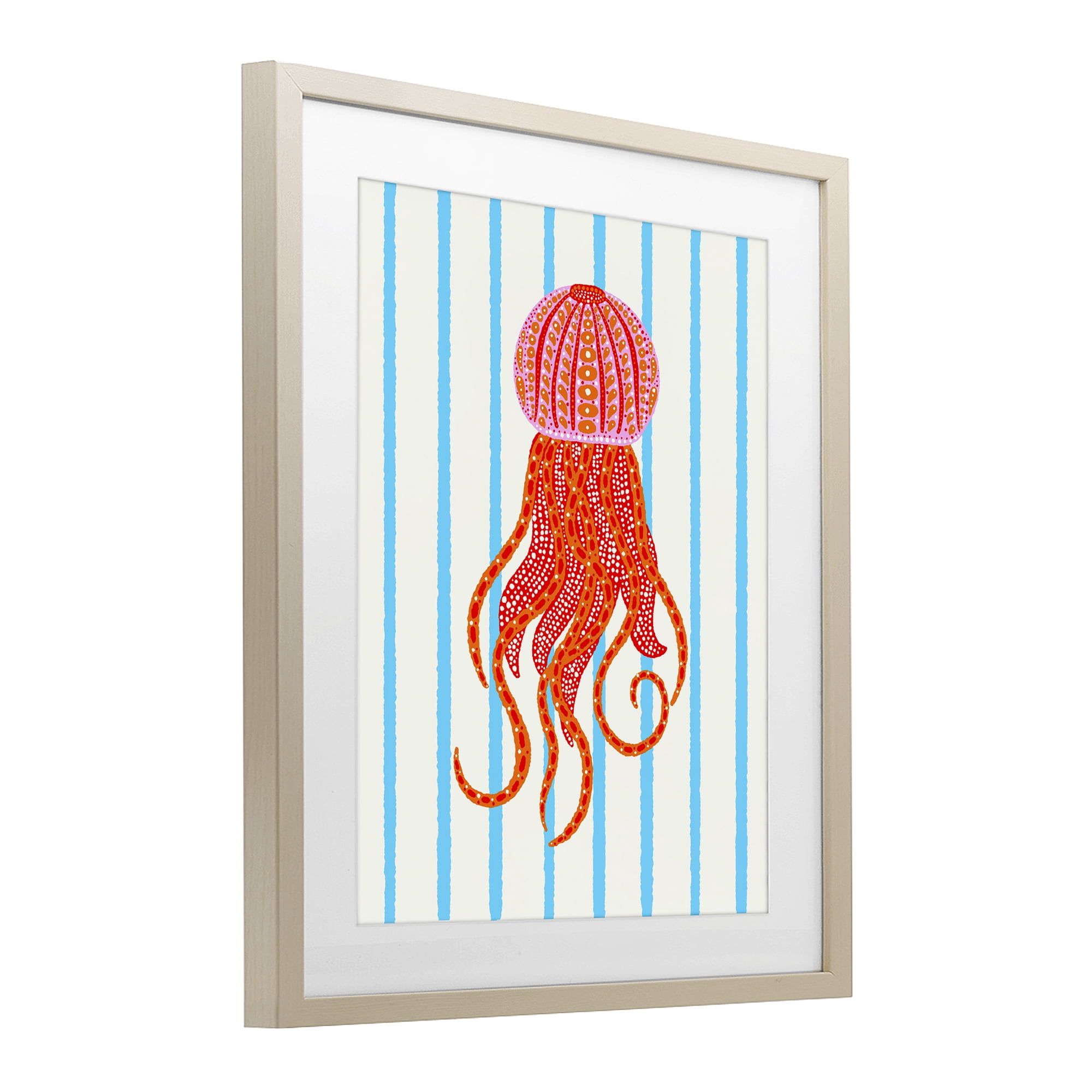 Stupell Industries Bright Aquatic Jellyfish on Stripes Birch Framed Print Under Glass, design by Indira Prieto | IndySign