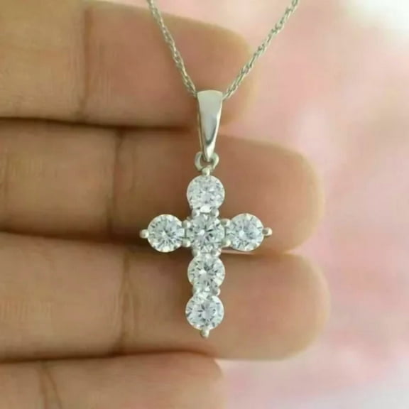 3Ct Round Cut Lab Created Diamond Cross Necklace Pendant 14K White Gold Plated