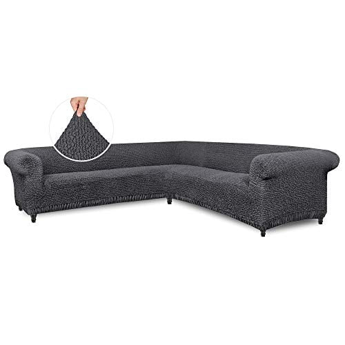 Sectional Sofa Cover - Corner Couch Cover - Corner Slipcover - Cotton Fabric Slipcovers - 1-Piece Form Fit Stretch Furniture Slipcover - Mille Righe Collection - Dark Grey (Corner Sofa)
