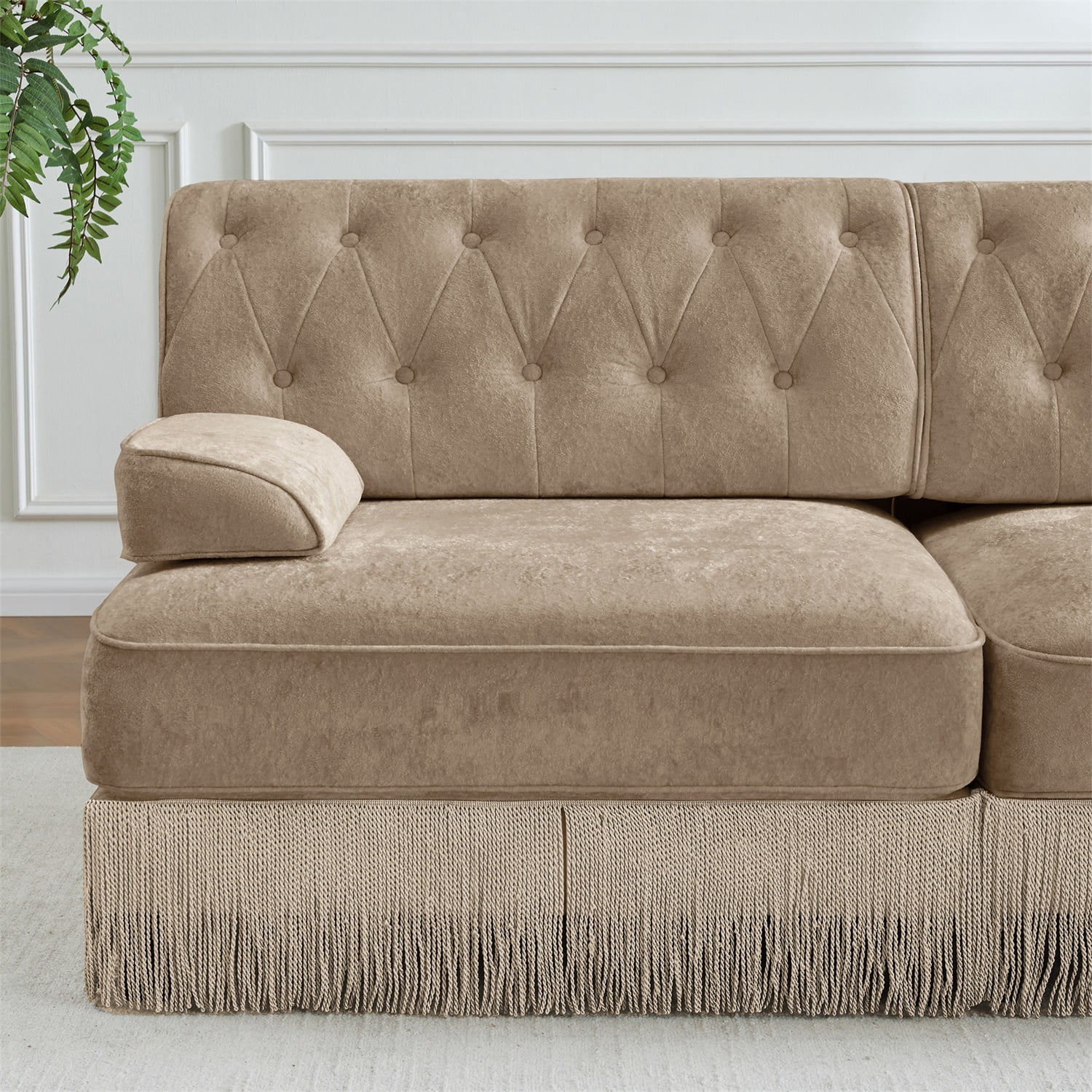 Hommoo Comfort Velvet Fabric Sofa with Left Arm, Button Tufted Design & Floor-grazing Tassel, Camel