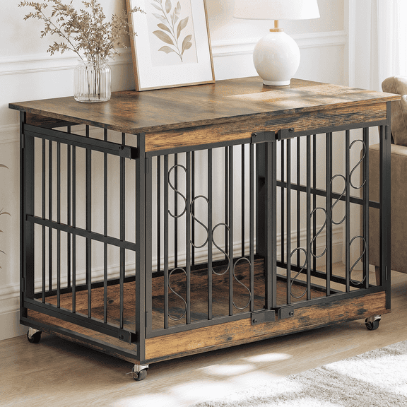 Fowroa Dog Crate Furniture Heavy Duty 2-Door 48" Furniture kennel for Dogs with Caster Wheels,Brown