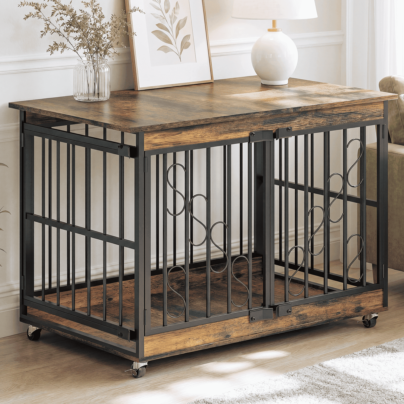 Fowroa Dog Crate Furniture Heavy Duty 2-Door 48" Furniture kennel for Dogs with Caster Wheels,Brown