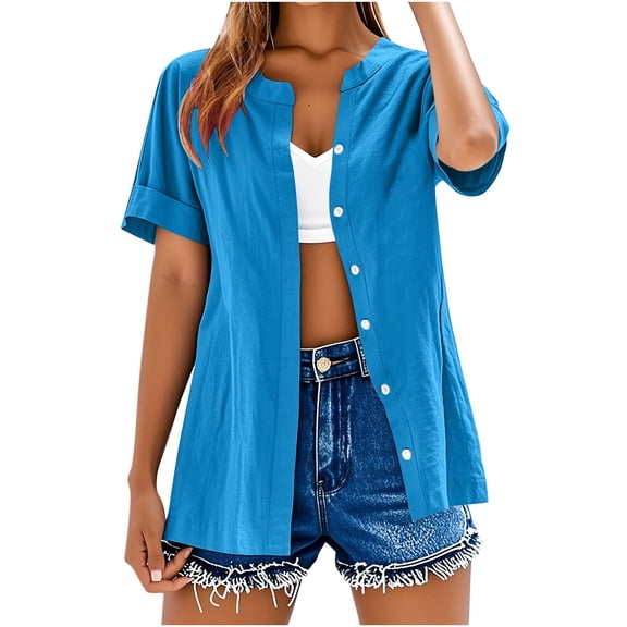 Htigea Womens Cardigan Tops Cotton Linen Short Sleeve Casual Button Down Lightweight Cardigans Blue,S