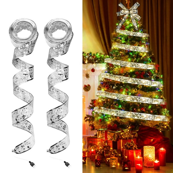 2 Pack Christmas Tree Ribbon Lights, 32ft 100 LED Christmas Fairy Strings Lights with USB Plug in Double Layer Copper Wire Ribbon Bows for Christmas Tree Garden Party Christmas Decorations