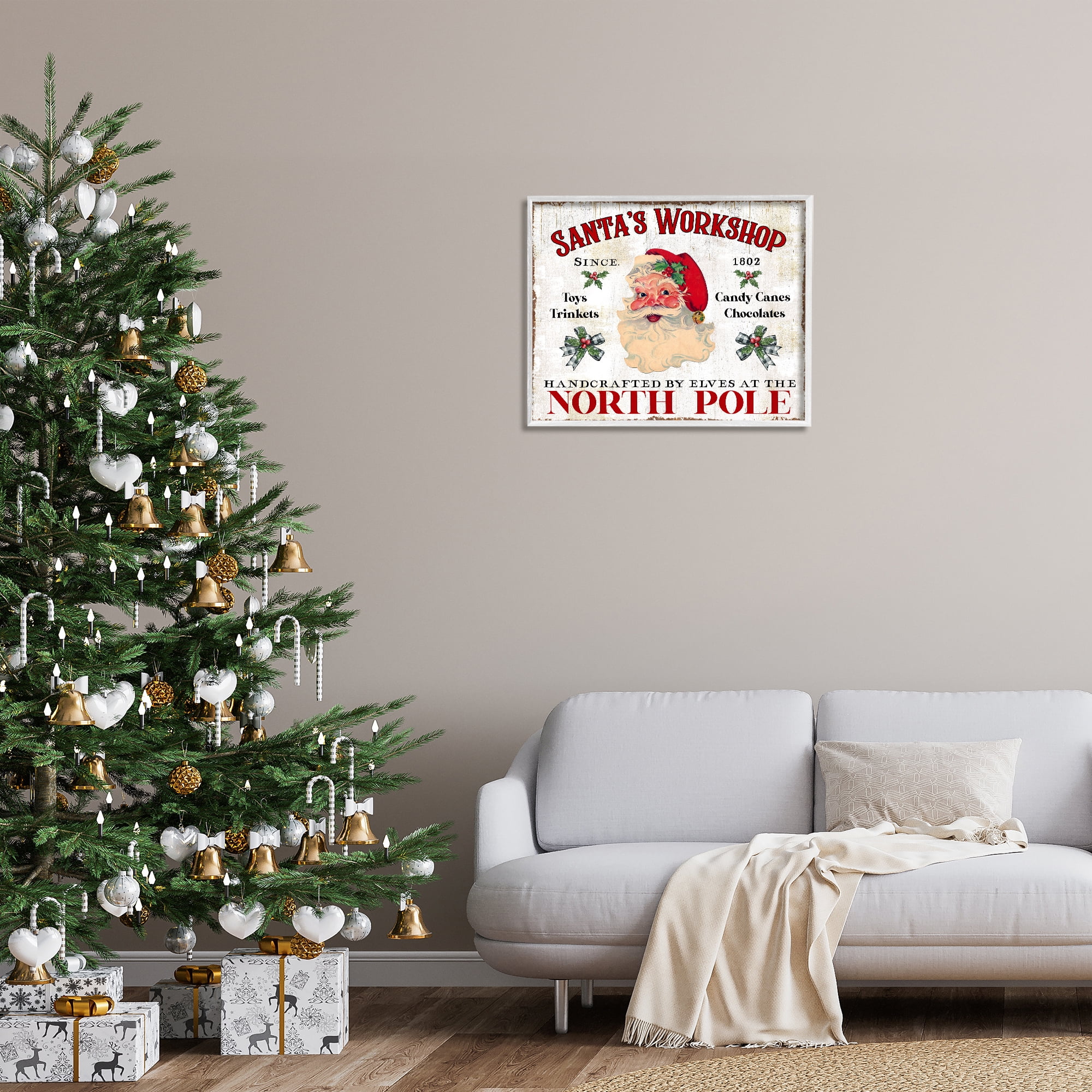 Stupell Industries North Pole Santa's Workshop Holiday Painting White Framed Art Prints Wall Art, 30 x 24