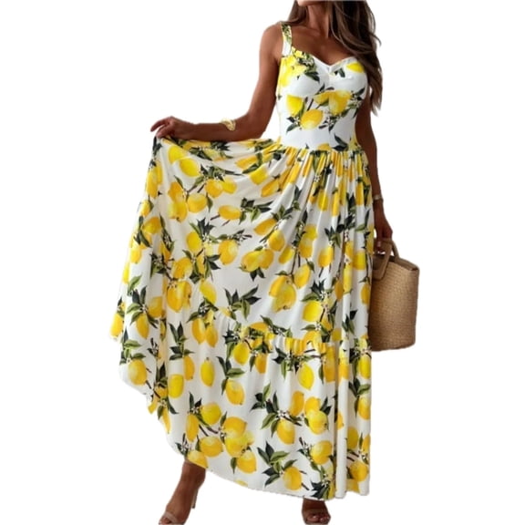 Women's Lemon Print Sweetheart Neck Maxi Dress 95% Linen 5% Triacetate Lightweight Chic Beach Ready All Day Everyday