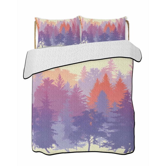 Quilts Twin Size Bedding Set, Watercolor Forest Silhouette Lightweight Quilted Comforter, Retro Abstract Forest Trees Cream Soft Bedspread Coverlet with Pillow Covers for All Season, 68" x 86"