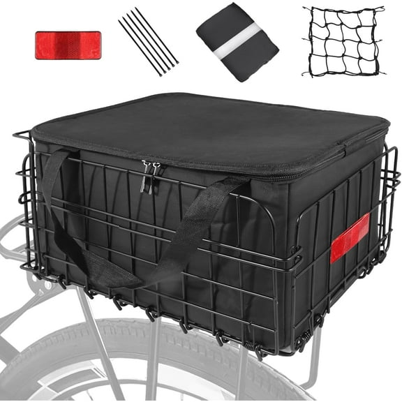 Bike Basket Rear, Folding Bicycle Basket with Removable Waterproof Liner Bag, Rear Bike Cargo Rack, Bike Accessories Frame Basket for Adult Women Men Carrying Dogs,Pet,Grocery,Quick Release Design