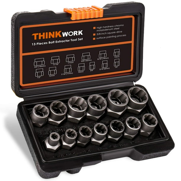 THINKWORK Kit de extractor de pernos, 13+1 piezas, juego de llaves de vaso extractor de tuercas, herramienta de extracción de tuercas redondeadas con accionamiento de 3/8" para sujetadores pelados, re