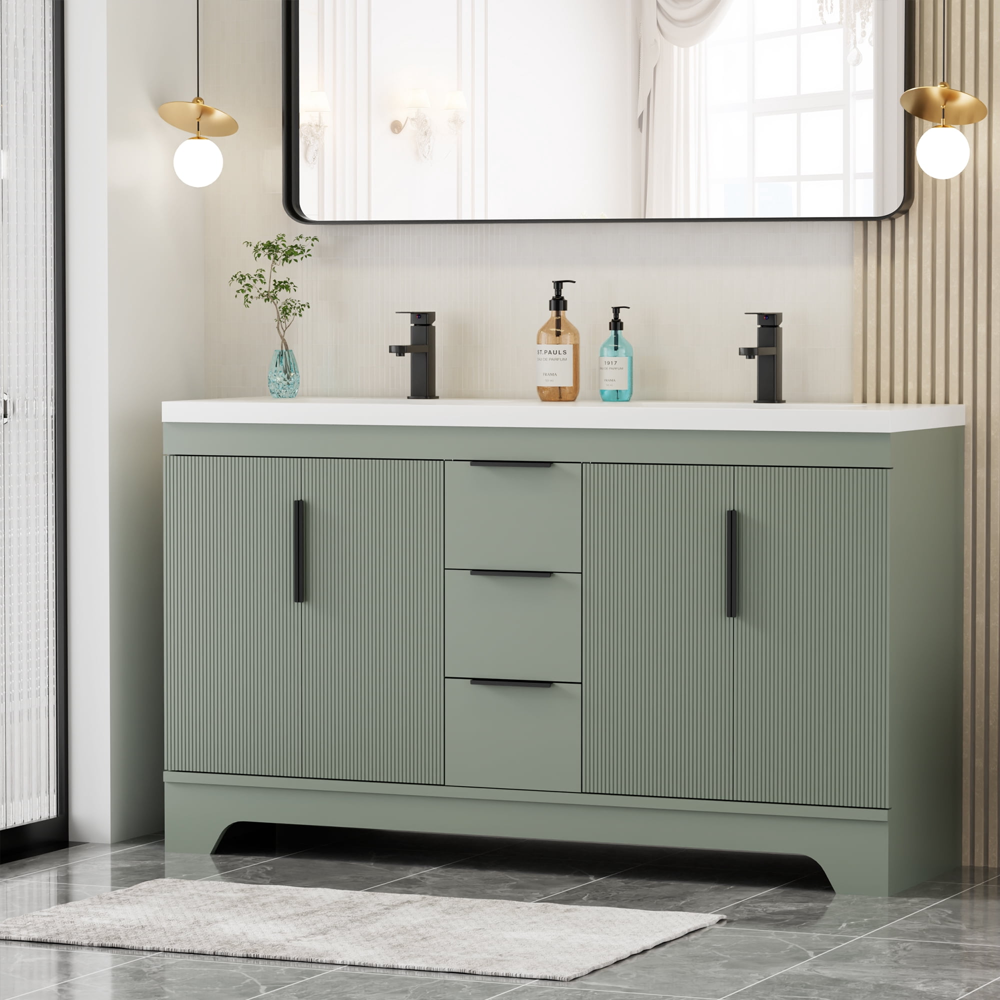Eclife 60-inch Double Sink Bathroom Vanity with Integrated Tops, Soft-Close Hinges, Fluted Door Design, Mid-Century Modern