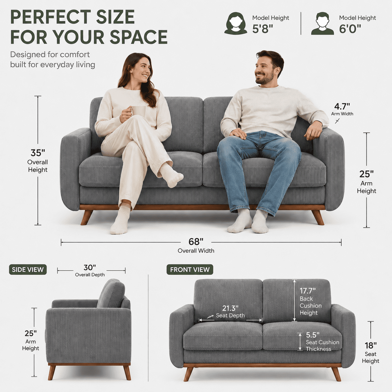 Neche 68" Corduroy Sofa for Living Room, 2 Seater Modern Couch for Small Space Office, Comfy Loveseat in a Box, Grey