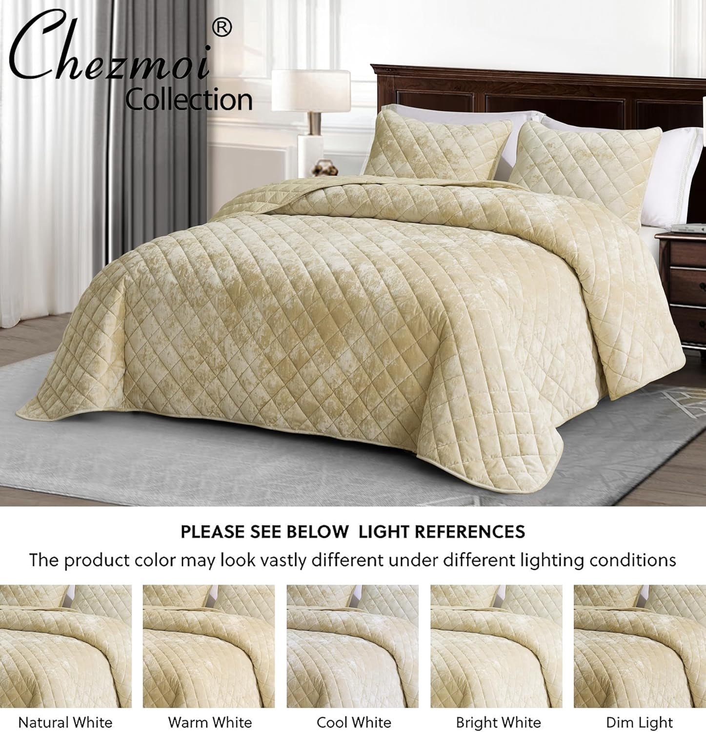 Chezmoi Collection Lux Beige Velvet Quilt Queen Set, 3-Piece Lush Plush Distressed Velvet Bedding All Season Lightweight Bedspread Brushed Microfiber Reverse with Diamond Stitch Quilting