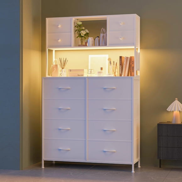 Towallmark Commodes à 12 Tiroirs pour Chambre à Coucher, Commode Haute en Tissu de 56,9 Po de Hauteur avec Lumières DEL et Station de Recharge, Coffres à Tiroirs avec Étagères Ouvertes, Blanc