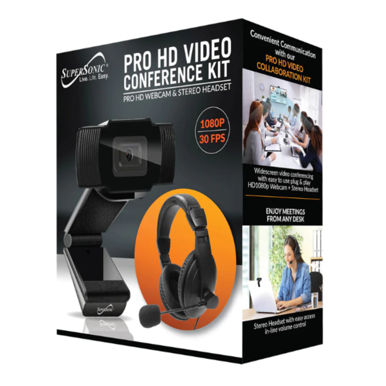 Supersonic SC-942WCH PRO HD Webcam and Stereo Headset, 1080P HD Webcam, Crystal Clear Audio and Video, Adjustable Comfort, Plug and Play Compatibility for Zoom & Teams in Home Office, School