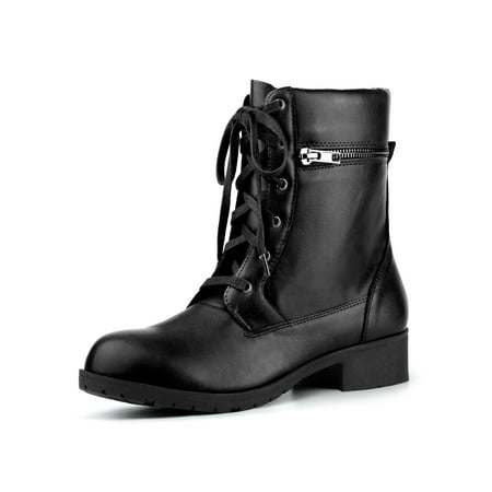 Leather Lace Up Combat Boots - Women's Low Heel Lace Up Combat Black Boots - 5 M US