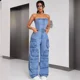 thumbnail image 2 of Monos de mezclilla de una pieza sin tirantes, sin mangas, largos, con pantalones cargo, ajustados, sexys, con cintura ajustada, pantalones de pierna ancha, 2 of 4