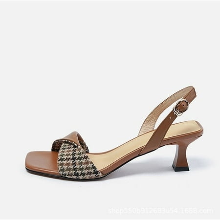 

LUX Trendy Vintage French Style Back Strap Grid Checkered Square Head Thin Heel Sandals for Women Elegant Walking Shoes