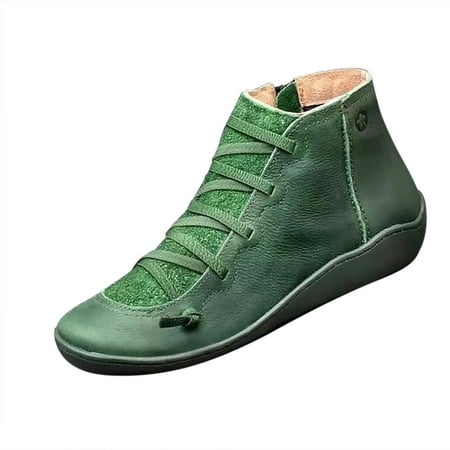 

Egmy Women Casual Flat Leather Retro Lace-Up Boots Side Zipper Plus Shoe Boots Green 6(36)