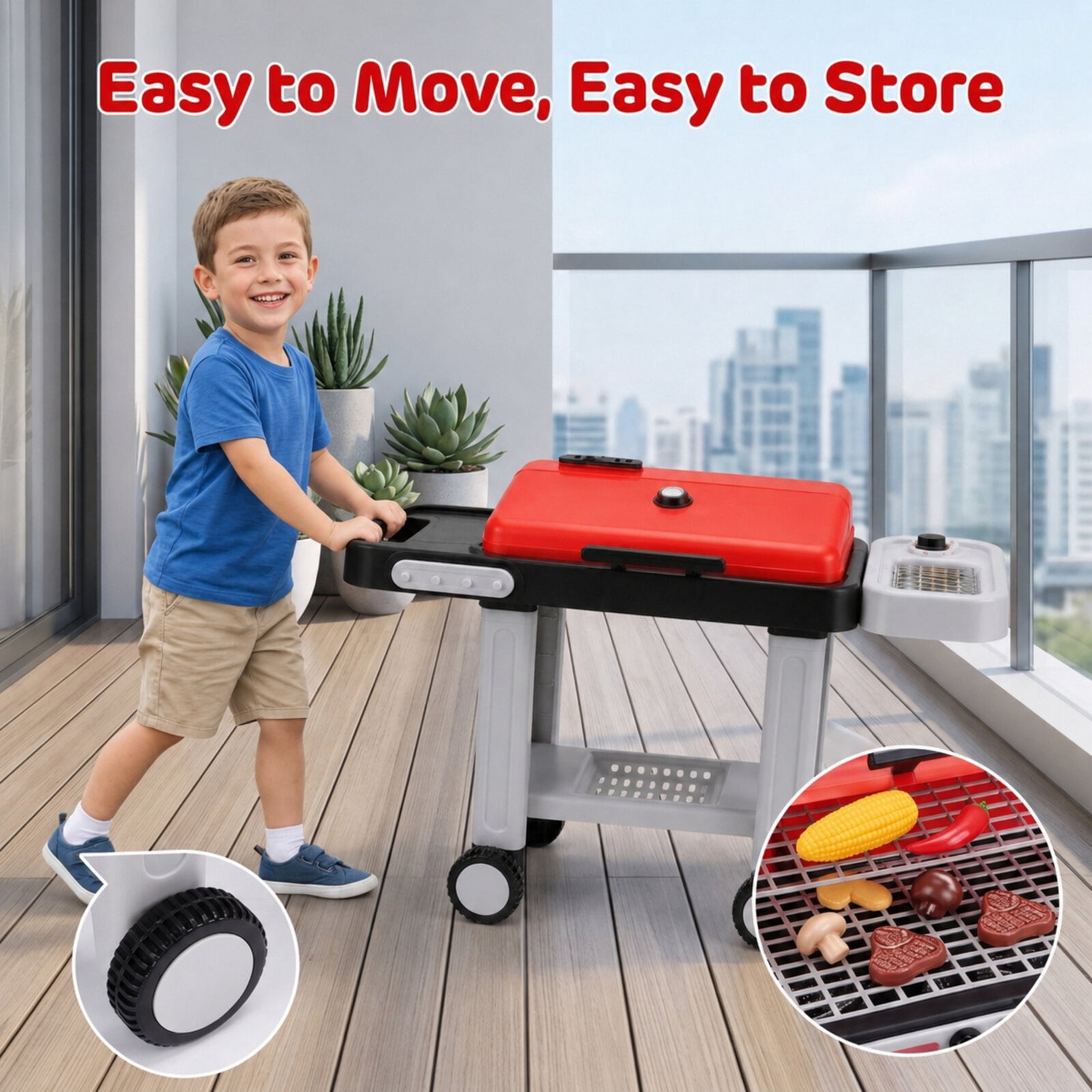 Fenbeli Kids BBQ Grill Toy with Spray Mist, Lights, Sounds and Color-Changing Play Food, Rolling Pretend Kitchen Set