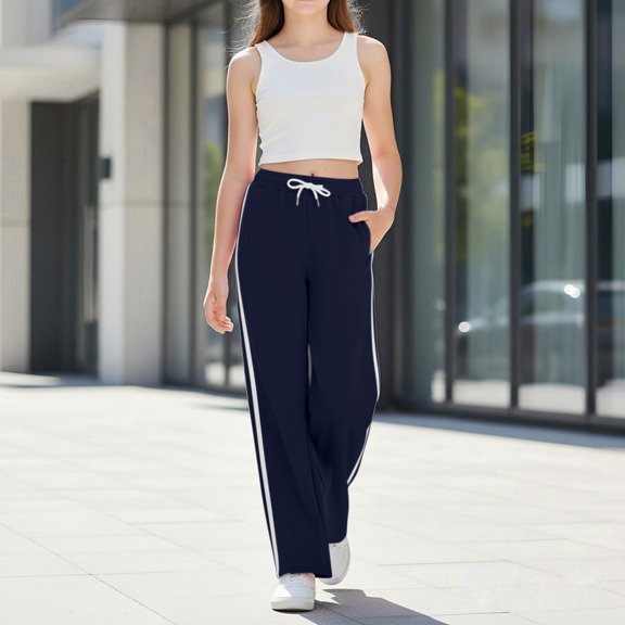 Girls Baggy Sweatpants Straight Leg Drawstring Athletic Pants Elastic Waist Striped Joggers Loose Soft Stretchy Trousers