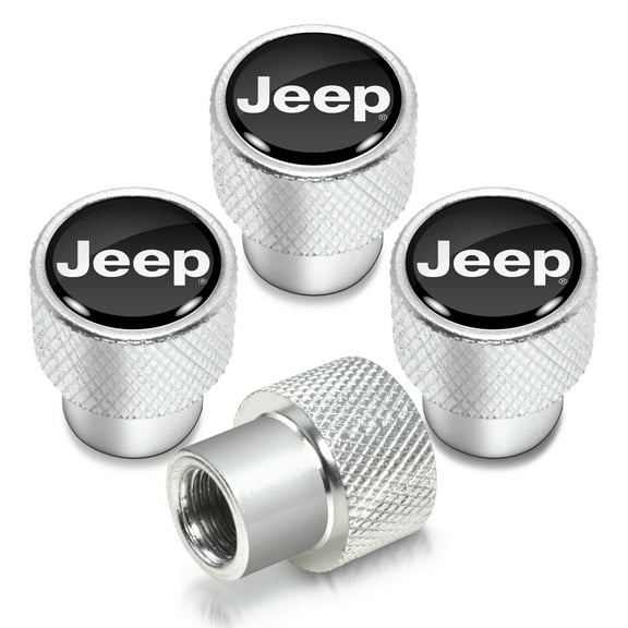 Jeep in Black on Shining Silver Aluminum Tire Valve Stem Caps