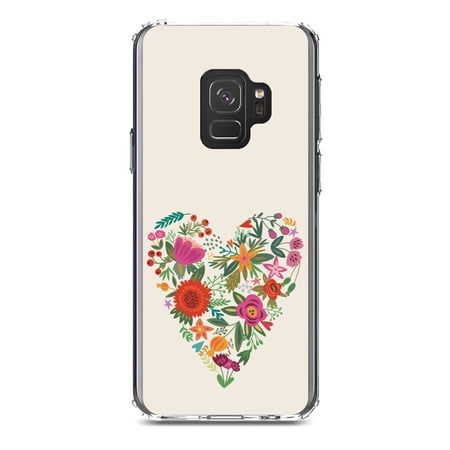 DistinctInk Clear Shockproof Hybrid Case for Samsung Galaxy S9 (5.8 Screen) - TPU Bumper Acrylic Back Tempered Glass Screen Protector - Spring Collection - Floral Heart Green Red
