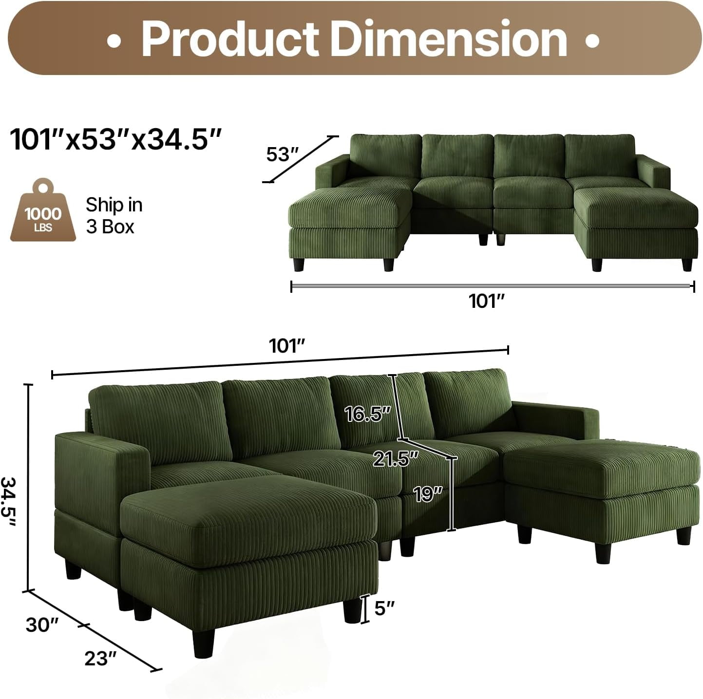 AENKYO U-Shaped Sectional Sofa Couch with 2 Ottomans, Convertible 4-Seat Living Room Furniture with Removable Cushions, Green