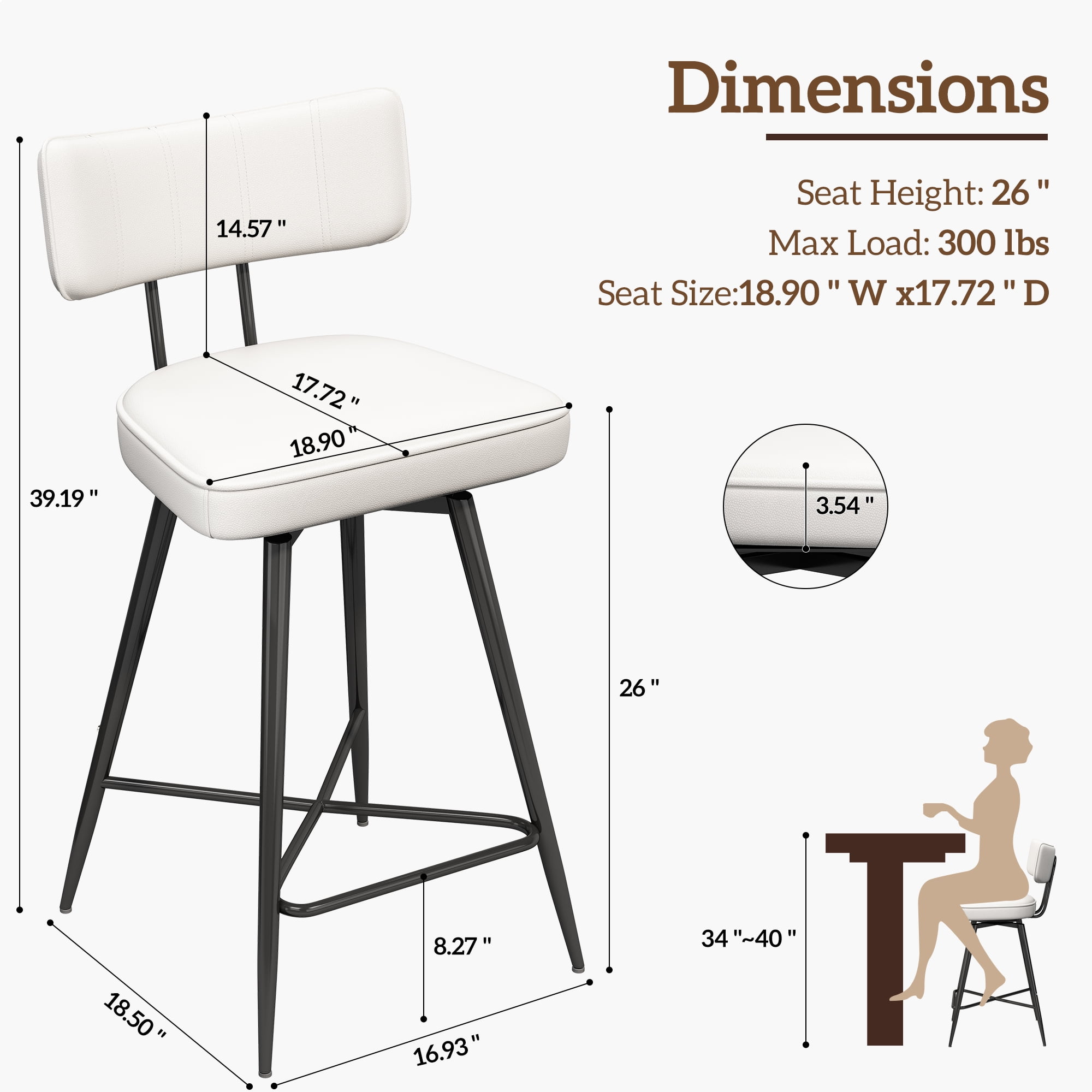 Ninecer Bar Stools Set of 2, Kitchen Counter stools with Backs and Metal Legs, 26" White Leather Swivel Barstools for Counter Height
